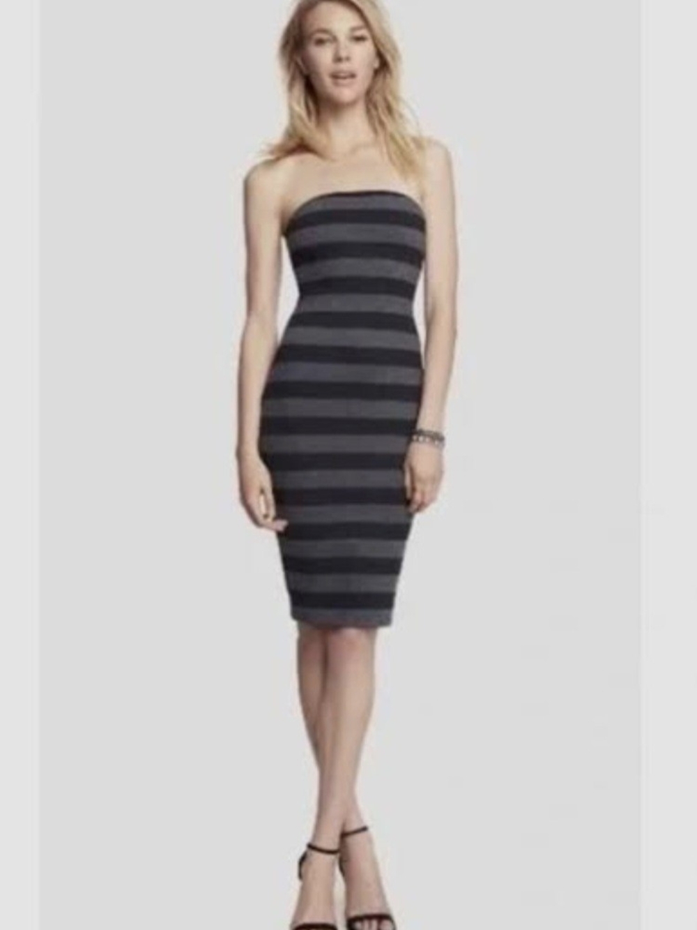 Express Strapless Black and Gray Horizontal Stripe Bodycon Dress